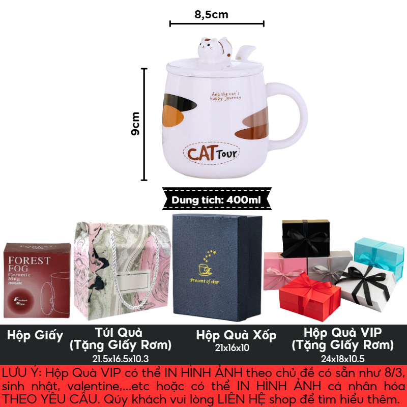 Ly sứ CAT TOUR - KHẮC TÊN THEO YÊU CẦU, cốc uống nước CÓ NẮP giữ nhiệt và THÌA, 400ml, HÔP QUÀ TẶNG in logo, in hình