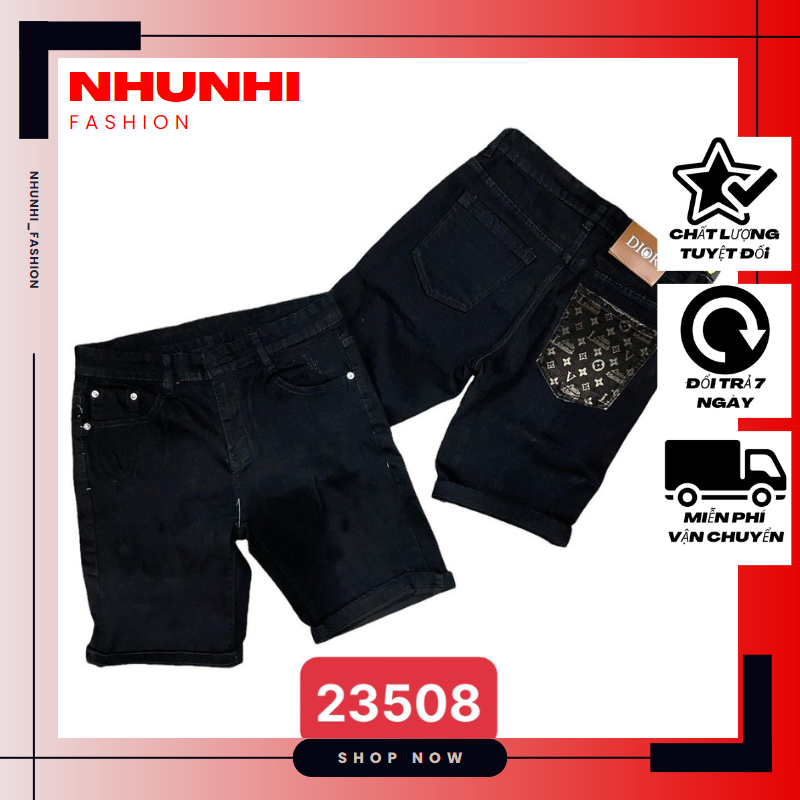 Quần short jeans nam mẫu trơn màu đen in họa tiết trên túi chất demin cao cấp NHUNHI FASHION S23508