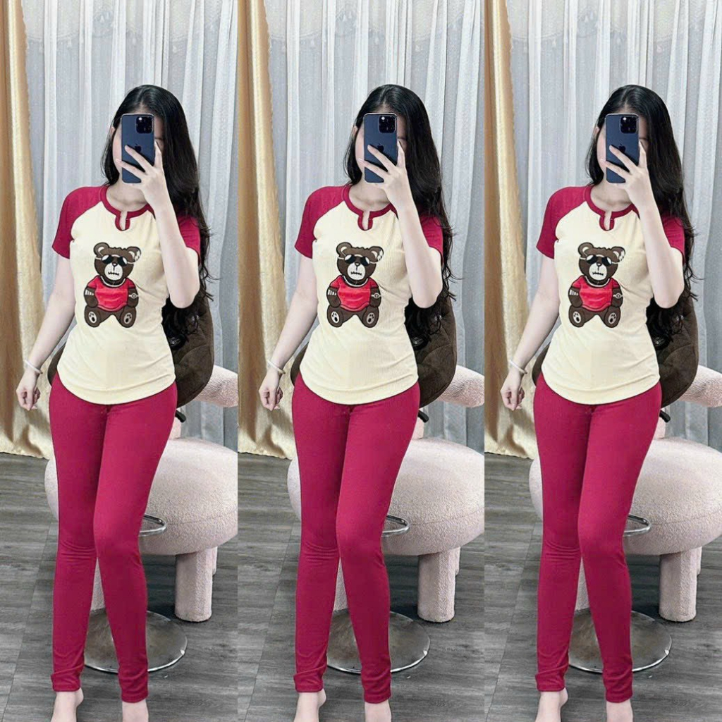 [6.6 Sales Freeship] Set bộ thun gân ôm body in gấu. set áo thun cổ tròn in gấu mix quần dài ống ôm đơn giản thoải mámtb