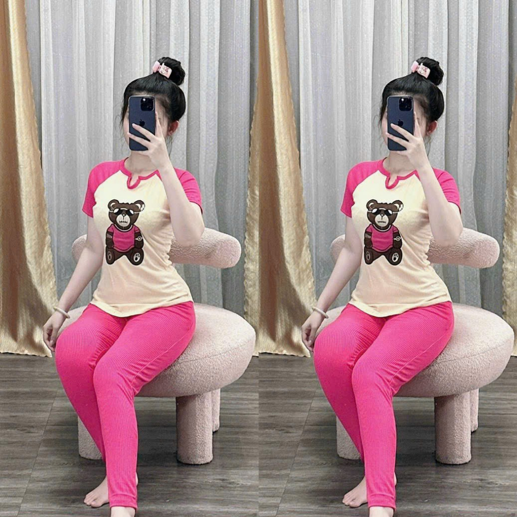 [6.6 Sales Freeship] Set bộ thun gân ôm body in gấu. set áo thun cổ tròn in gấu mix quần dài ống ôm đơn giản thoải mámtb