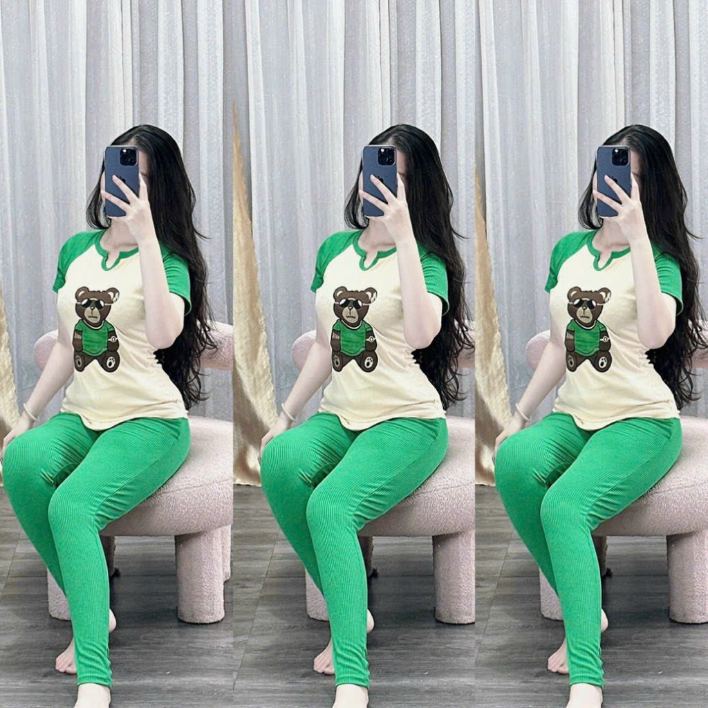 [6.6 Sales Freeship] Set bộ thun gân ôm body in gấu. set áo thun cổ tròn in gấu mix quần dài ống ôm đơn giản thoải mámtb