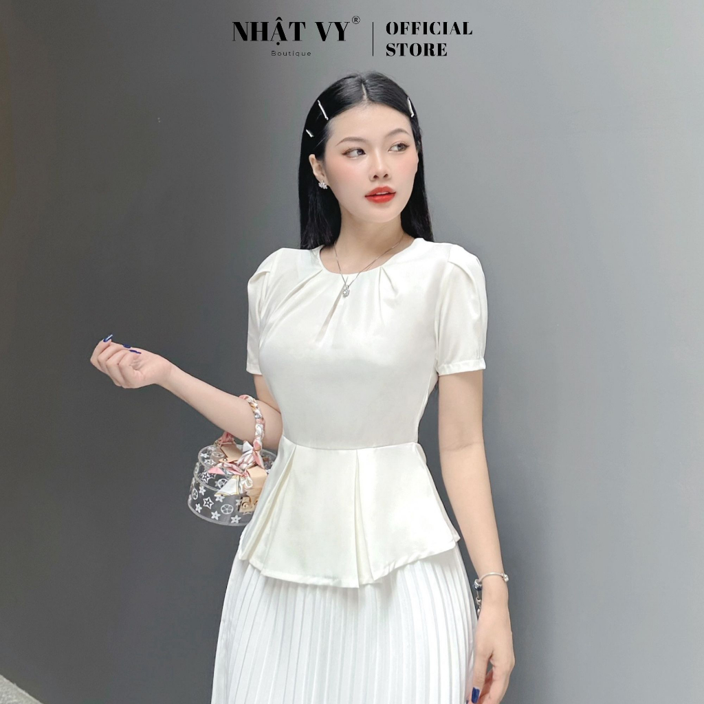 Áo công sở Nhật Vy cổ tròn nhún cách điệu chất Cotton Ý phù hợp đi chơi dạo phố - D2708