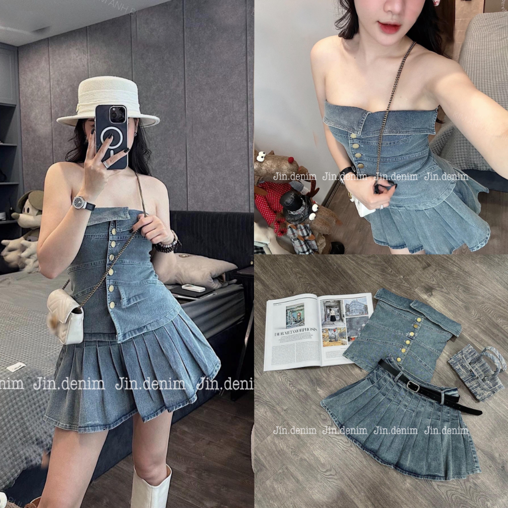 Váy bò 2 dây, Set váy đầm jean denim bò body cúp ngực, chân váy xếp ly bò jean, hot girl cao cấp 022