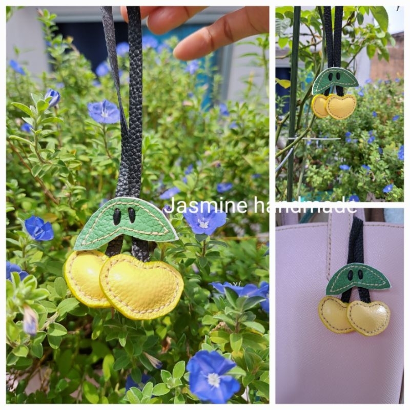 Charm/ phụ kiện treo túi/ móc khóa cherry làm bằng da bò thật, may tay