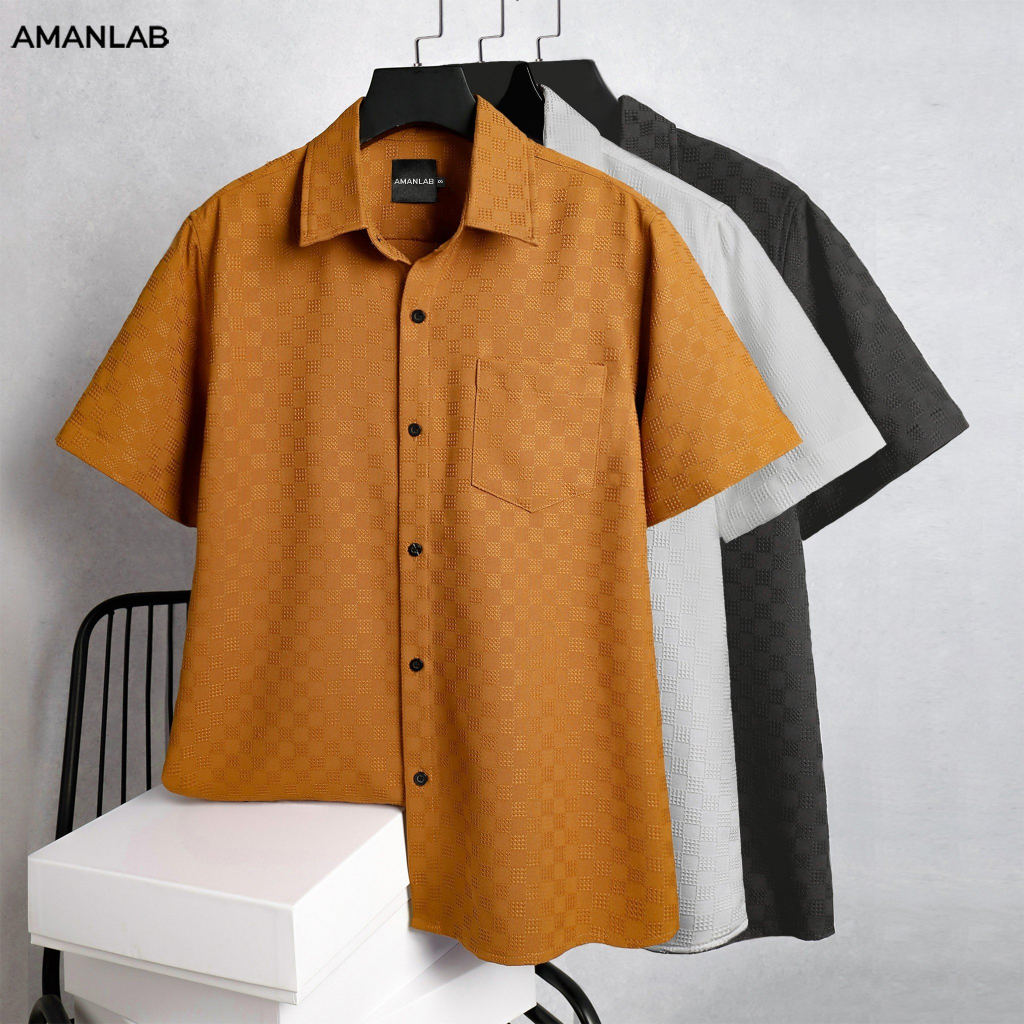 Áo sơ mi nam ngắn tay, chất vải cotton dệt thoáng mát, form regular Fatic AMANLAB