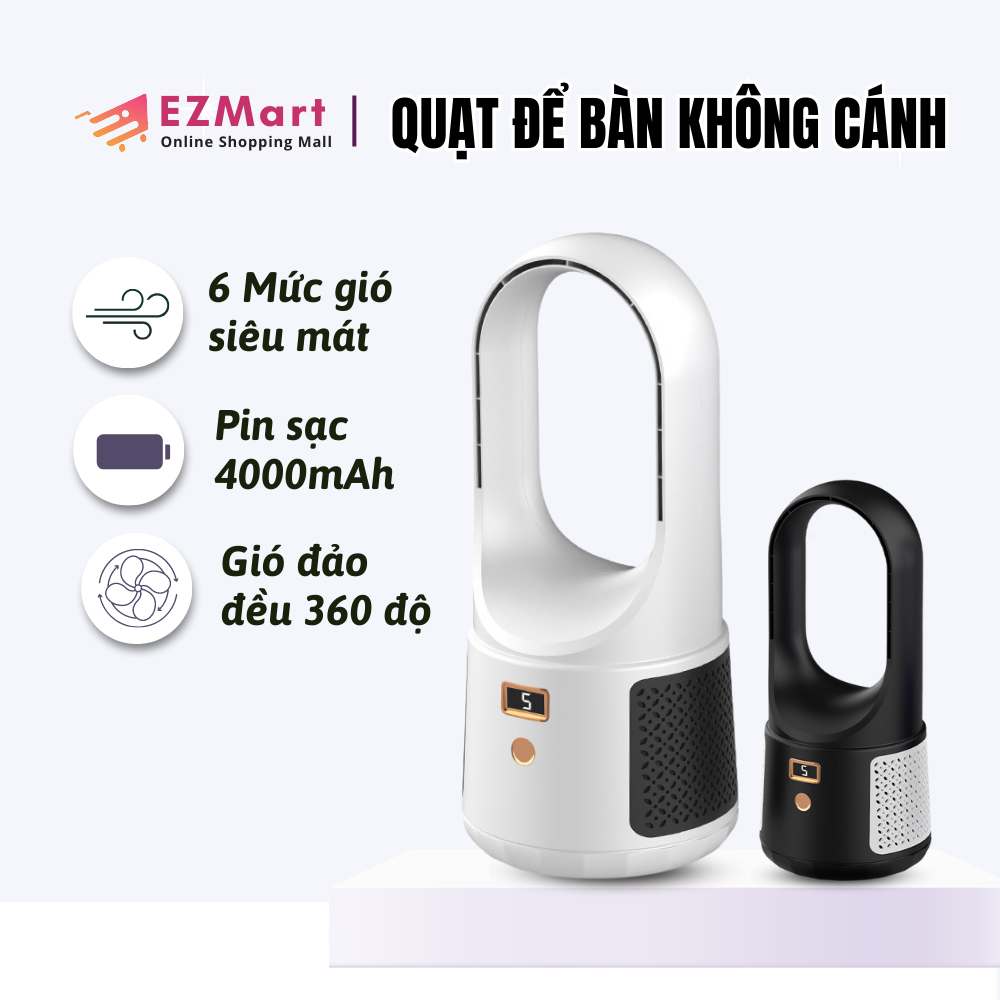 Quạt Tích Điện Để Bàn Không Cánh, Quạt Để Bàn Văn Phòng 6 Cấp Độ Gió, Màn Hình LE0, Sạc USB, Pin 4000mAh An Toàn
