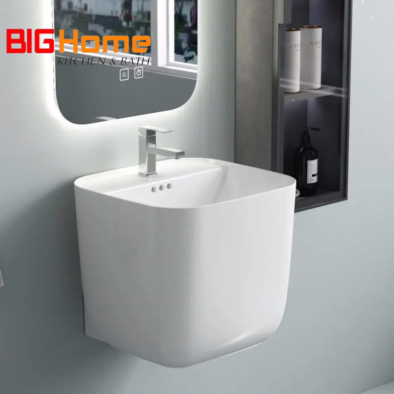 Chậu rửa mặt nguyên khối treo tường nghệ thuật cao cấp nhập khẩu BIG HOME , lavabo nguyên khối men sứ bảo hành 10 năm