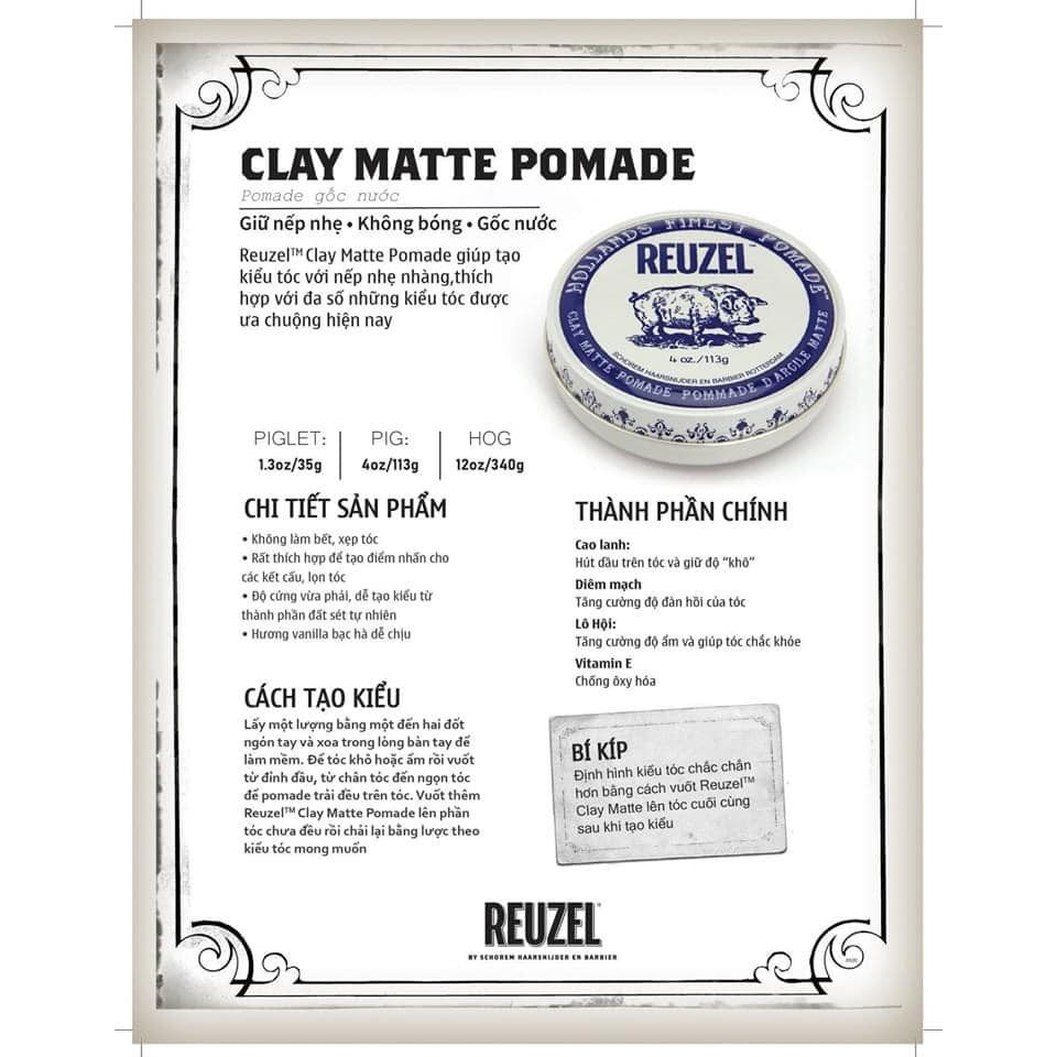 Sáp vuốt tóc Reuzel Clay Matte Pomade 35g - 113g - 340g, Pomade gốc nước giữ nếp linh hoạt, không bóng