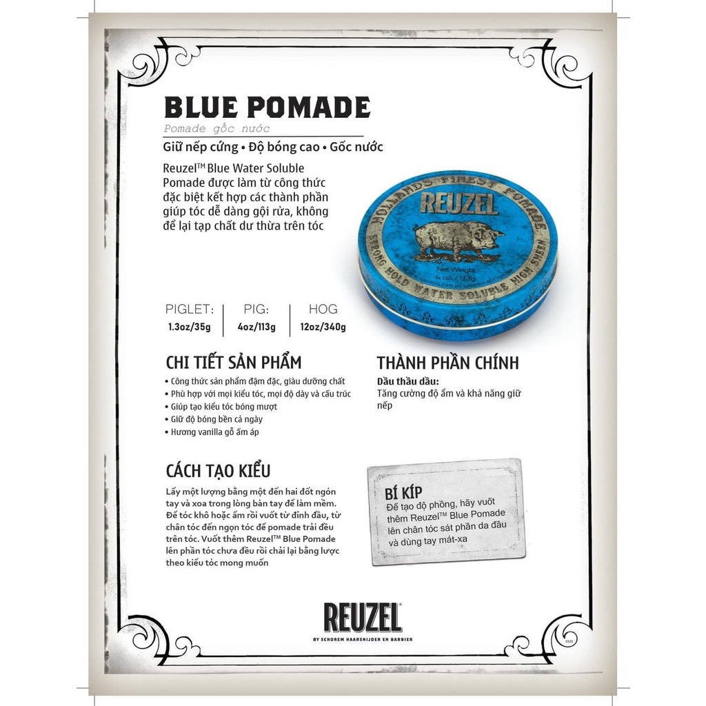 Sáp vuốt tóc Reuzel Blue Pomade 35g - 113g - 340g, Pomade gốc nước giữ nếp cao, độ bóng cao