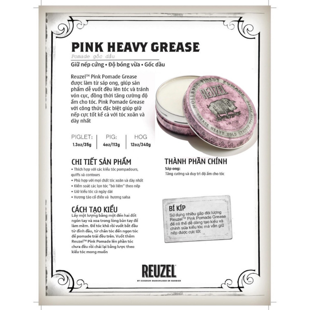 Sáp vuốt tóc Reuzel Pink Pomade 35g - 113g - 340g, Pomade gốc dầu giữ nếp cao, độ bóng vừa