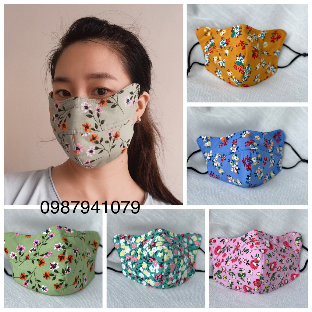 Khẩu trang tai thỏ có kẽm mũi họa tiết bông nhí, có dây rút, nhiều màu