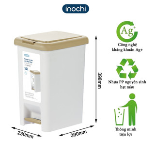 Thùng rác đạp chân chữ nhật Inochi 15L có lõi, có nắp đậy - Kháng khuẩn, an toàn