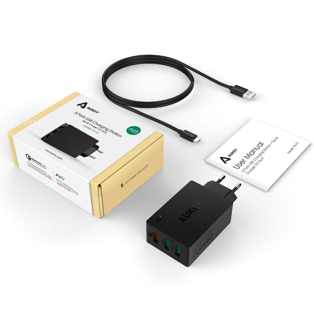 Sạc Nhanh Aukey PA-T2 Quick Charge 20 3 Cổng Sạc USB ( Đen)