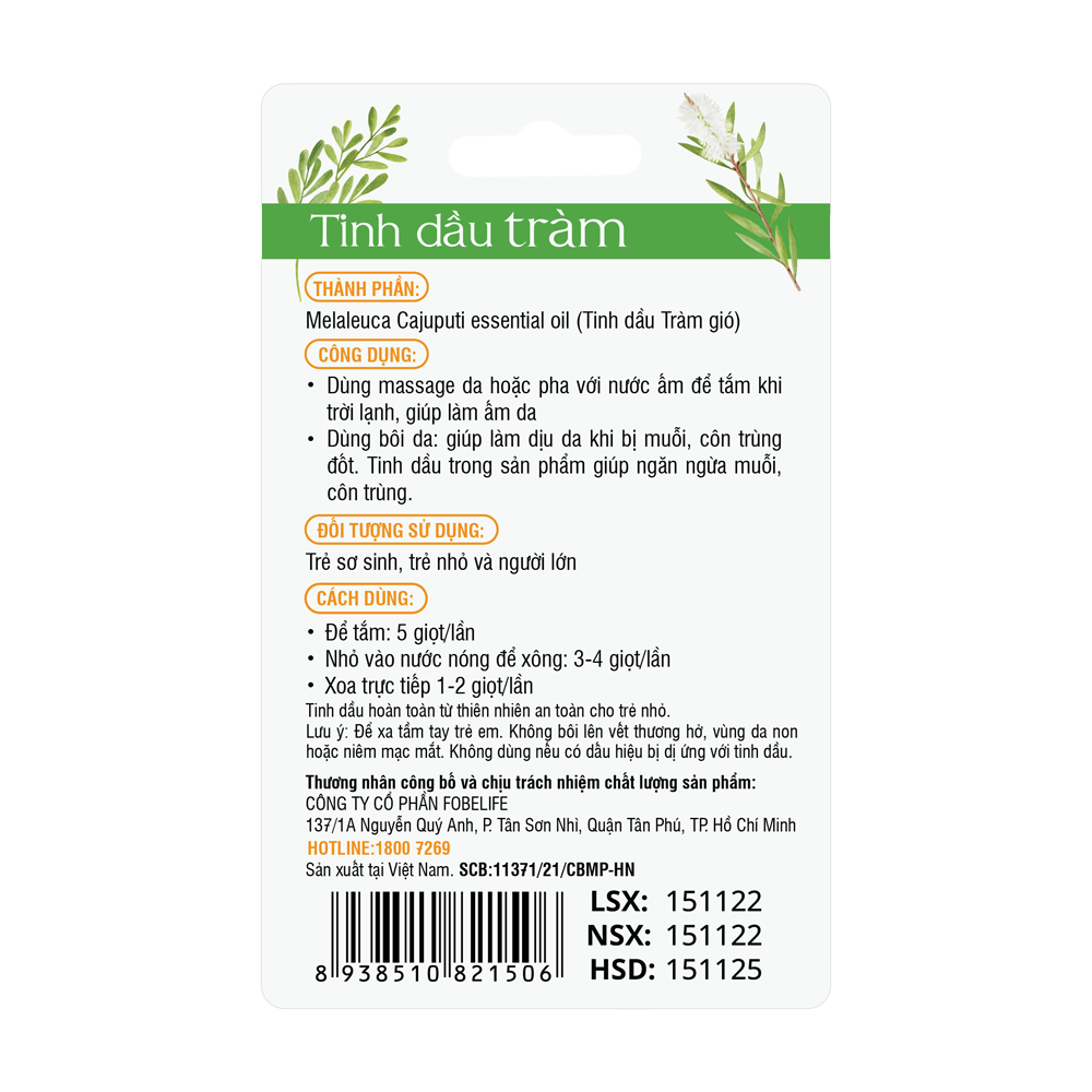 Tinh Dầu Thiên Nhiên Fobaby Fobelife Tràm &amp; Khuynh Diệp Dành Cho Bé - Chai 25ml