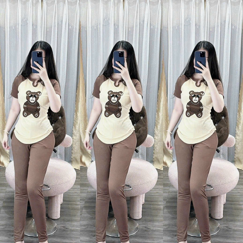 [6.6 Sales Freeship] Set bộ thun gân ôm body in gấu. set áo thun cổ tròn in gấu mix quần dài ống ôm đơn giản thoải mámtb