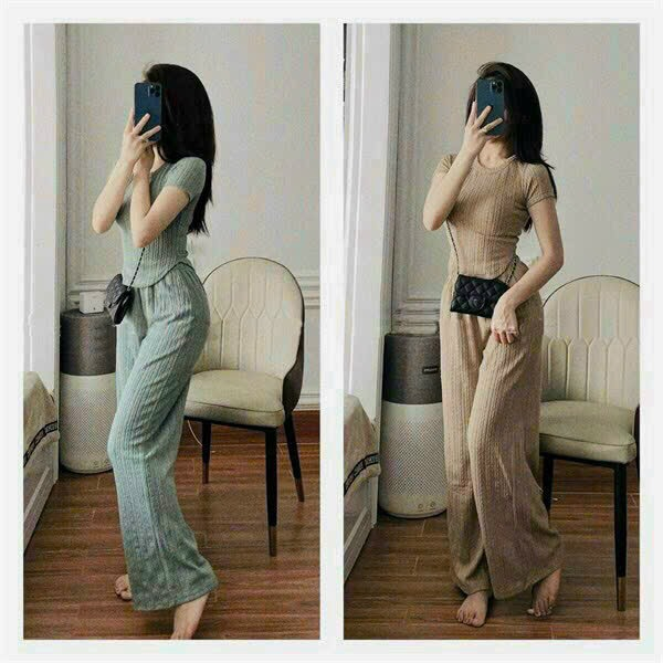 [6.6 Sales Freeship] Set bộ thun gân trơn màu, set áo thun tay ngắn cổ tròn mix quần dài ống rộng 2 màu nu xanh cá tímtb