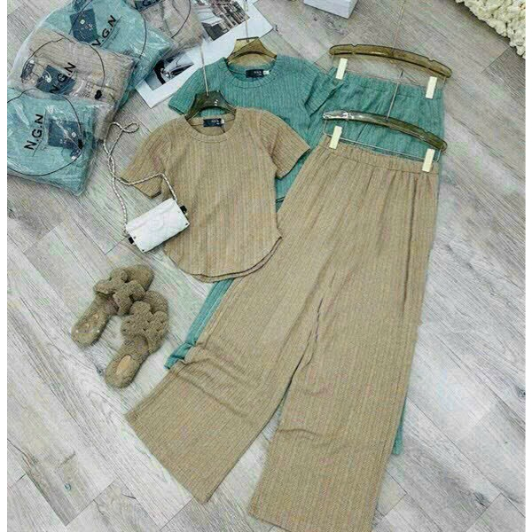 [6.6 Sales Freeship] Set bộ thun gân trơn màu, set áo thun tay ngắn cổ tròn mix quần dài ống rộng 2 màu nu xanh cá tímtb