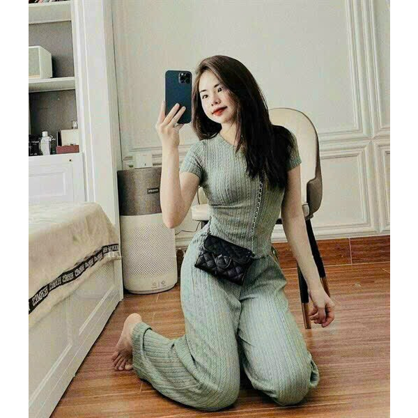 [6.6 Sales Freeship] Set bộ thun gân trơn màu, set áo thun tay ngắn cổ tròn mix quần dài ống rộng 2 màu nu xanh cá tímtb