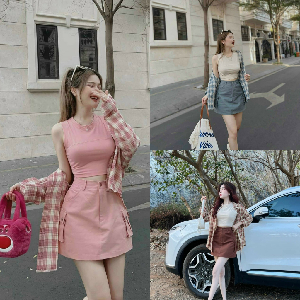 Set 3 món áo croptop kèm áo khoác dài tay mix chân váy ngắn duyên dáng, đáng yêu