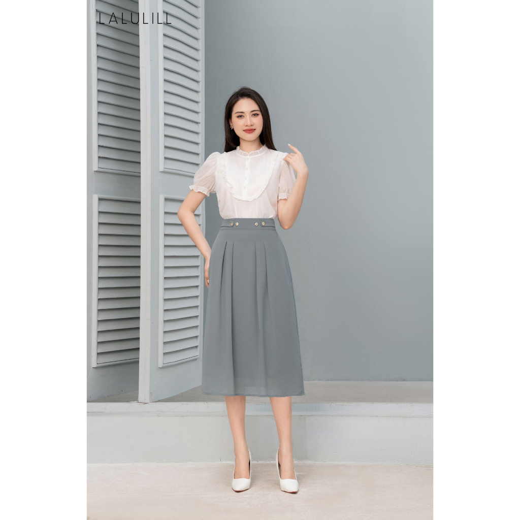Chân váy công sở LALULILL dáng A nhê eo chiffon ghi sáng LCV2300703