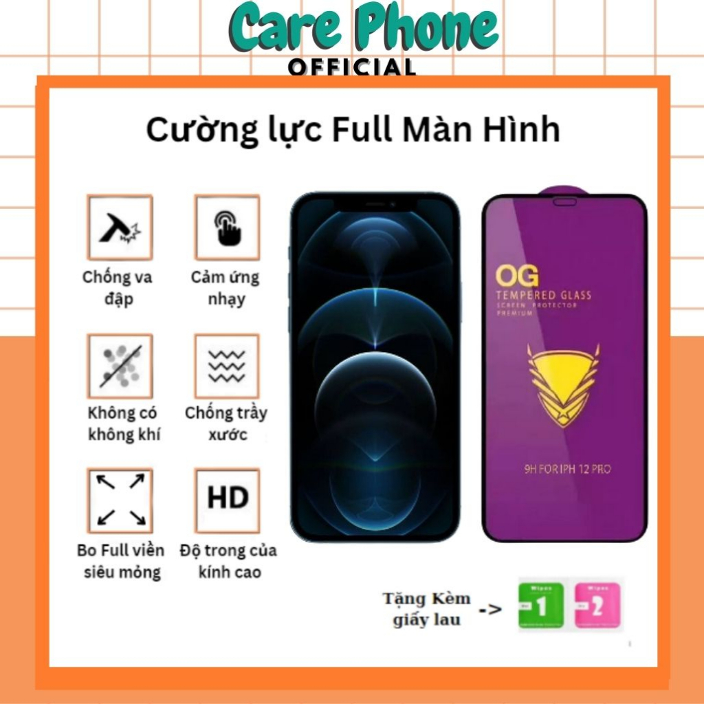Kính cường lực iphone OG tím full màn 6/6s/6plus/6splus/7/8/7plus/8plus/x/xs/xsmax/11/12/13/14/pro/promax- CarePhone