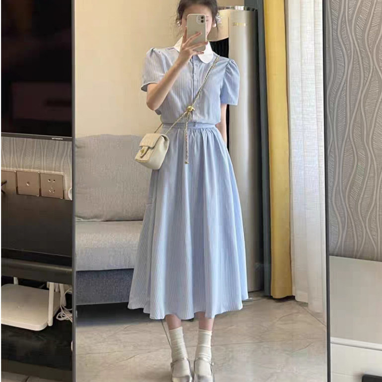 Set Áo Sơ Mi Cổ Bẻ Búp Bê Tay Phồng Kẻ Sọc Xanh + Chân Váy Xòe Dài Điệu Đà Hàn Quốc AC030 ICC Official Store