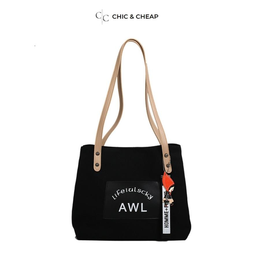 Túi tote đeo chéo canvas CHIC & CHEAP phiên bản Hàn Quốc dành cho học sinh, chất liệu vải AWL-02