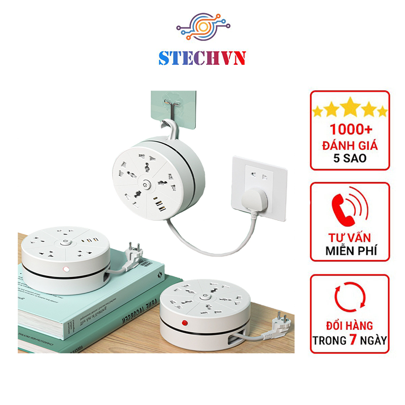 Ổ Cắm Điện Đa Năng Có Ổ 3 Chấu Cổng USB Type C Có Đèn Ổ Điện Thông Minh 2500W Dây Dài 2m Xoay Tròn Tiết Kiệm Diện Tích