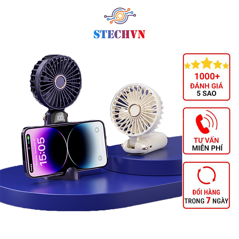 Quạt Cầm Tay Mini Tích Điện Siêu Mát Có Đế Để Bàn Kiêm Giá Đỡ Điện Thoại Pin Trâu 6000mAh 5 Cấp Độ Tặng 2 Viên Thơm