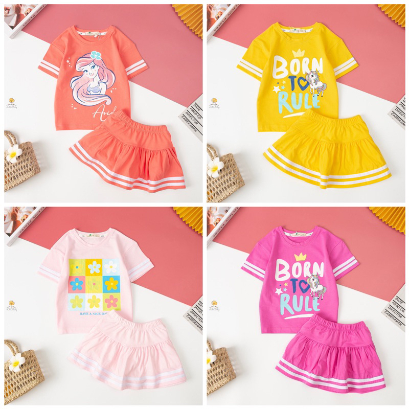 Bộ cotton áo cộc tay, chân váy bé gái 3-10y (11-30kg). Chất cotton mềm mịn, thấm hút mồ hôi, co giãn tốt