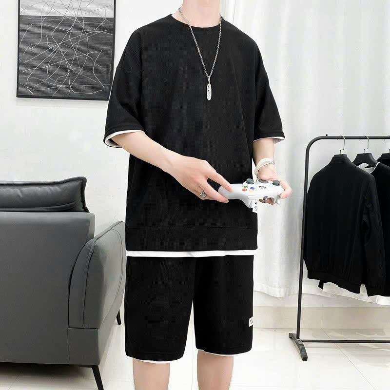 Bộ Thể Thao Nam mùa hè mặc ở nhà phối Layer  chất tổ ong, Đồ Bộ Nam Quần Áo mùa hè cộc tay Sogeum Store