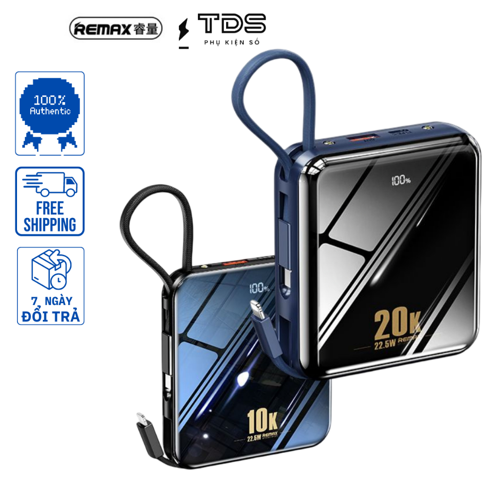 Pin sạc dự phòng Remax RPP-51/RPP-285 20000mah/10000mah sạc nhanh PD QC3.0 max 22.5W tích hợp cáp sạc Type C và Lighting