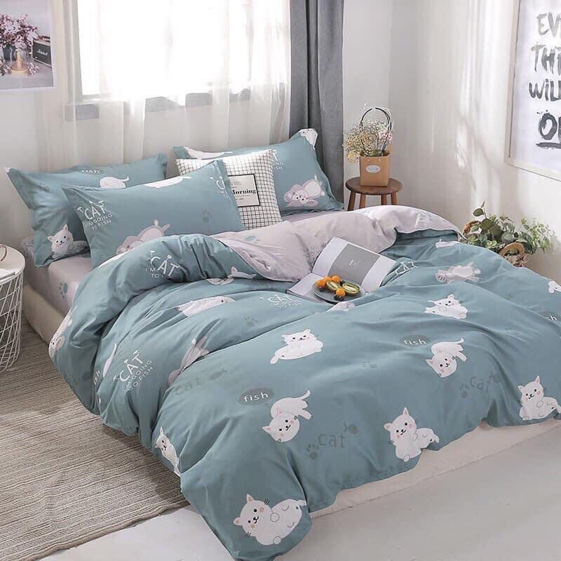 Chăn ga gối Emmibedding chất liệu cotton poly họa tiết mèo xanh ngọc đáng yêu đủ size miễn phí bo chun