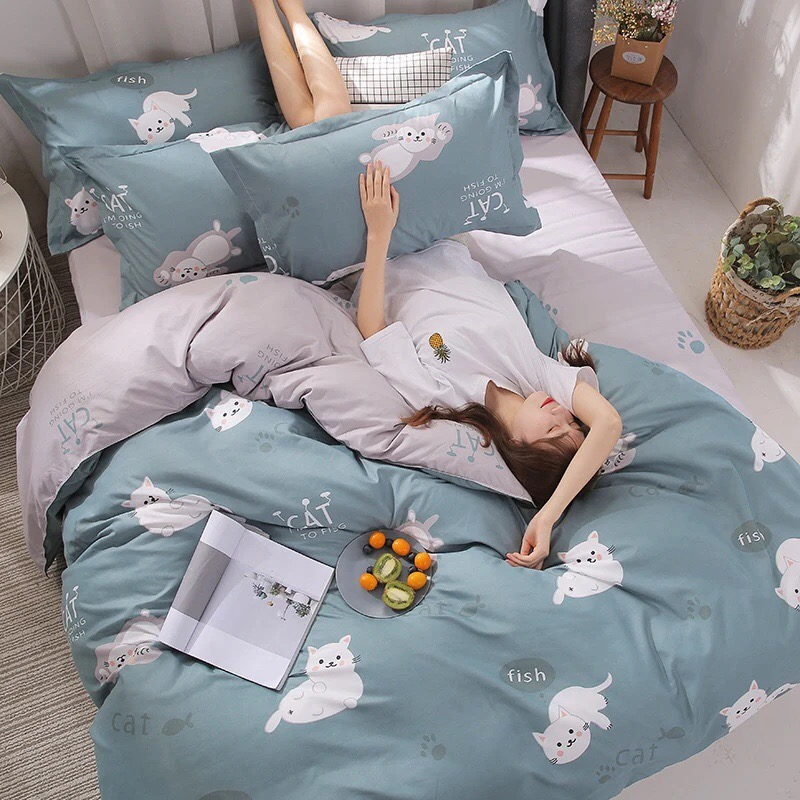 Chăn ga gối Emmibedding chất liệu cotton poly họa tiết mèo xanh ngọc đáng yêu đủ size miễn phí bo chun