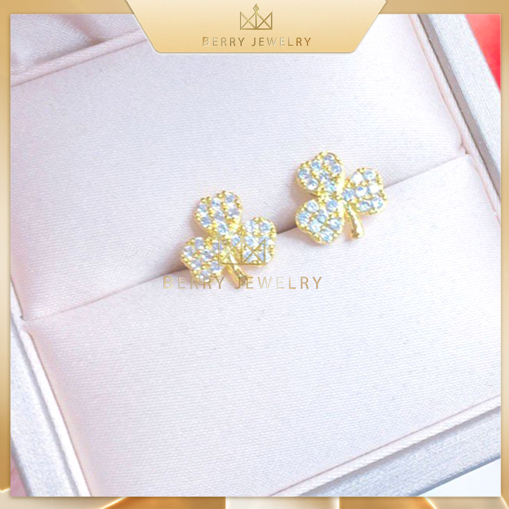Khuyên Tai Gài Chốt Nữ Cỏ 3 Lá Đính Đá Xi Mạ Vàng Phong Cách Hàn Quốc Thời Trang | BerryJewelry B22V60