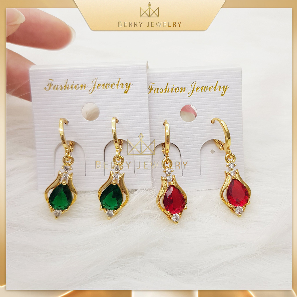Khuyên Tai Nữ Đính Đá Đỏ, Xanh Mạ Vàng, Bông Tai Gài Nữ Thiết Kế Cao Cấp Berry Jewelry B22VHT1