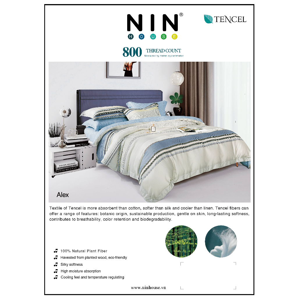 Bộ 5 món drap, áo gối NIN Tencel 800 - Alex (không kèm mền) mẫu mới