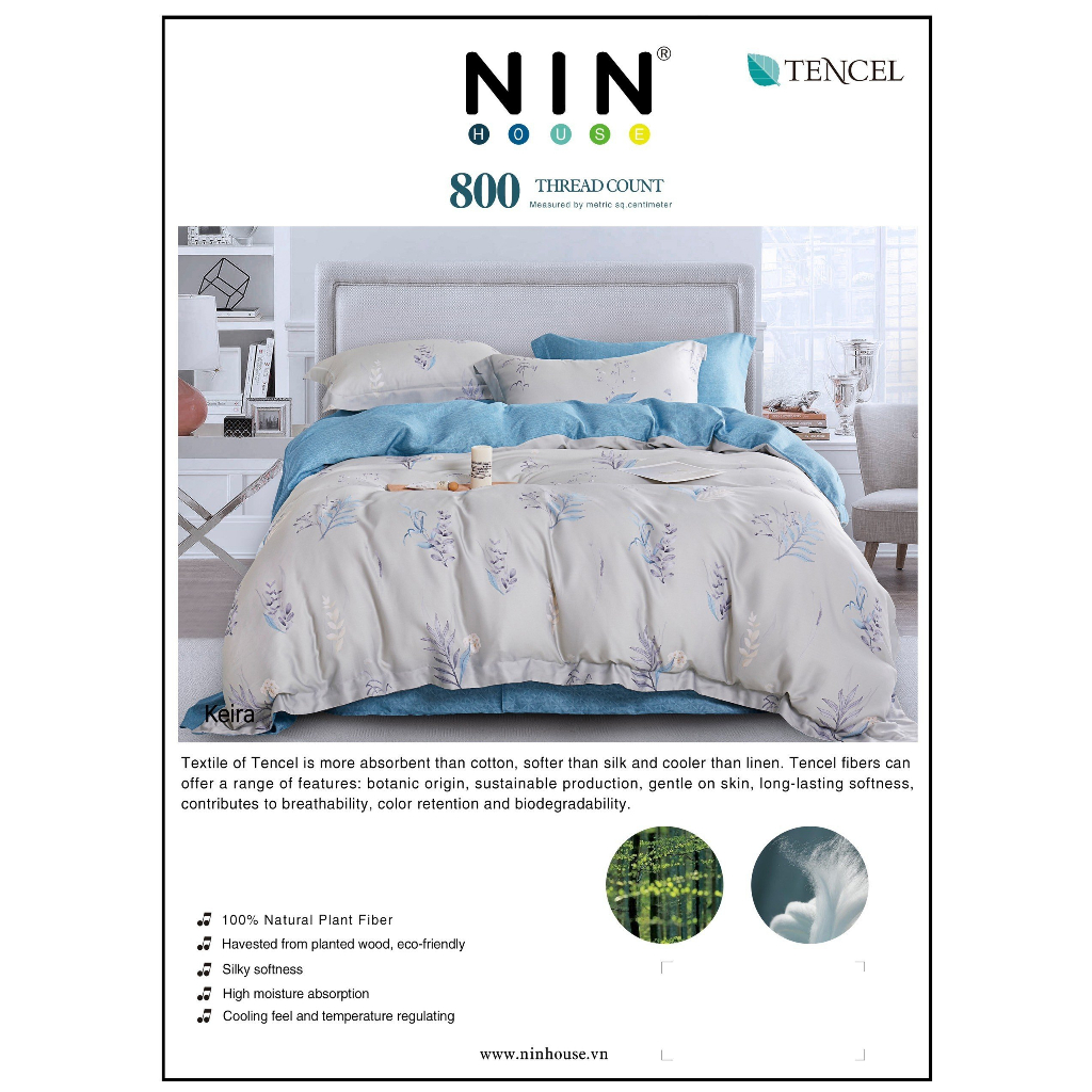Bộ 5 món drap, áo gối NIN Tencel 800 - Keira (không kèm mền) mẫu mới
