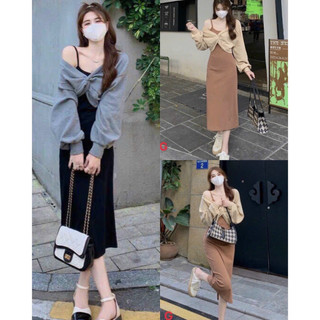 Set đầm 2 dây dài tiểu thưkèm áo khoác chất thun gân co giãn thích hợp mặc đi làm đi chơi đi tiệc thời trang nữ MOON