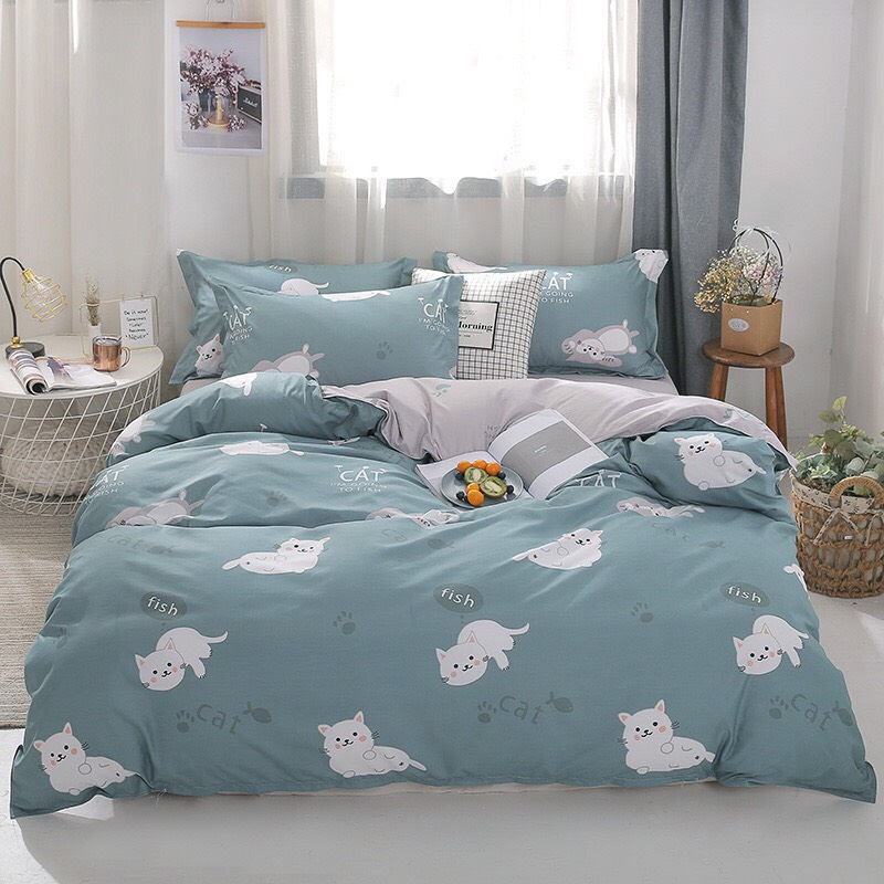 Chăn ga gối Emmibedding chất liệu cotton poly họa tiết mèo xanh ngọc đáng yêu đủ size miễn phí bo chun