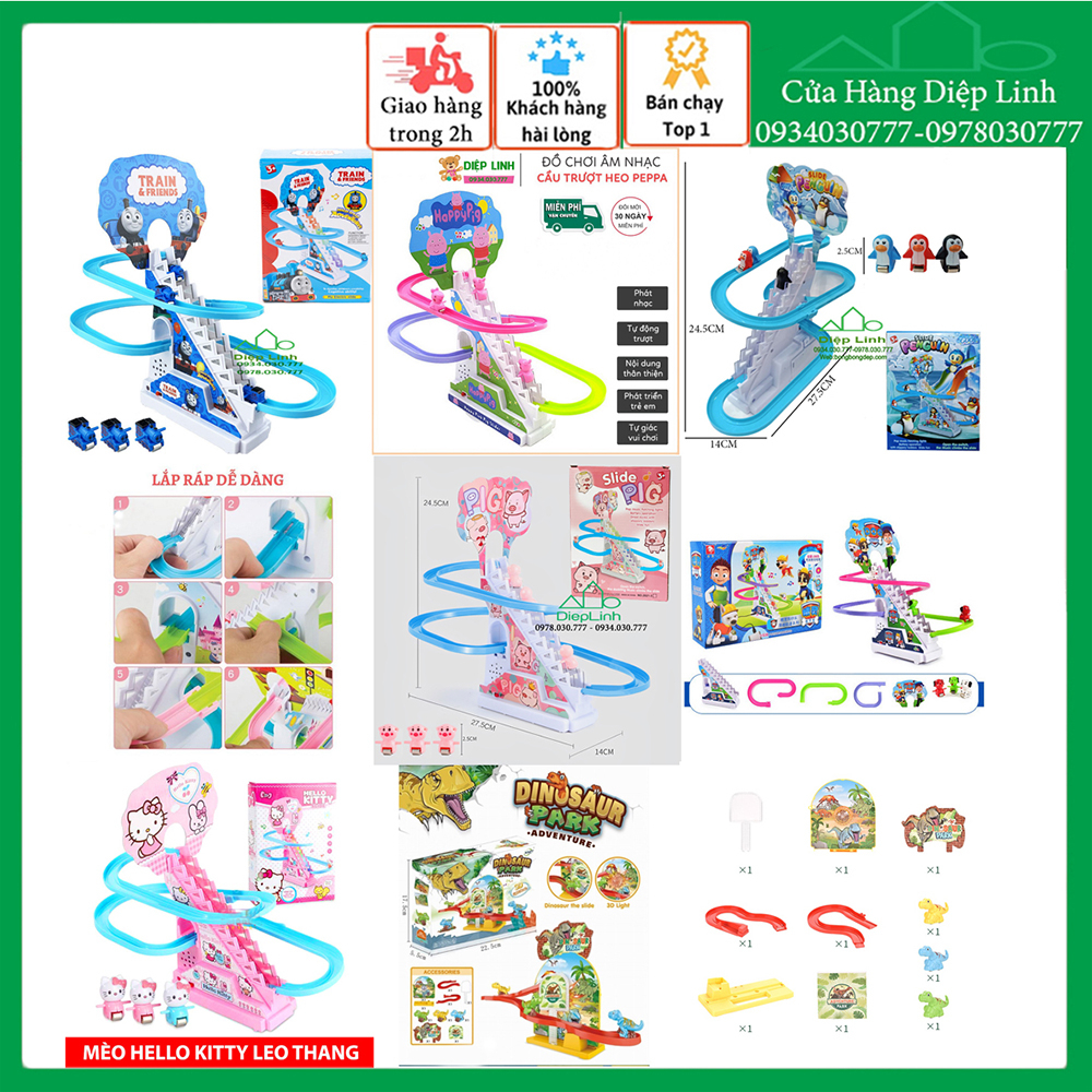 Bộ đồ chơi heo Peppa, chó cứu hộ, poli cầu trượt leo cầu thang có nhạc và có đèn ngộ nghĩnh cho bé