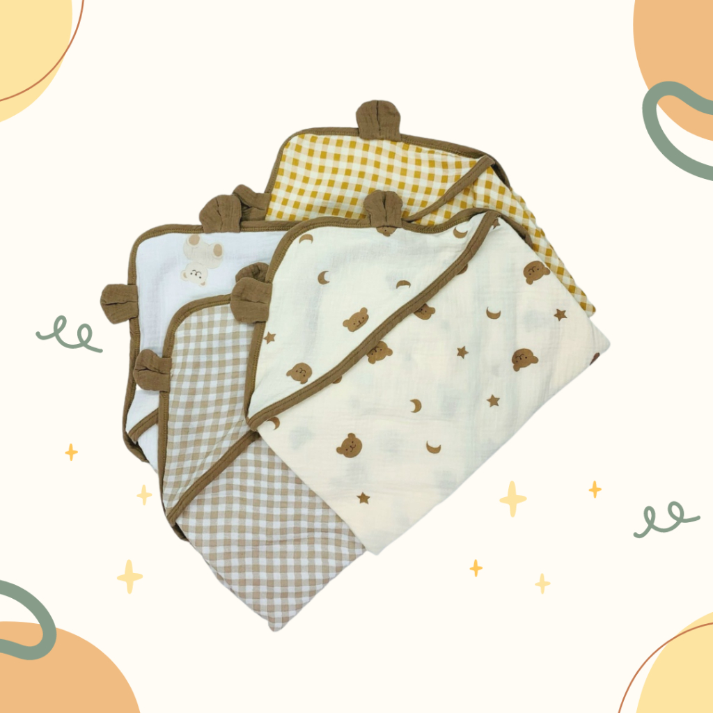 Khăn quấn ủ xô sơ sinh vuông 2 lớp đa năng Unbee mũ tai gấu KT 80 * 80cm