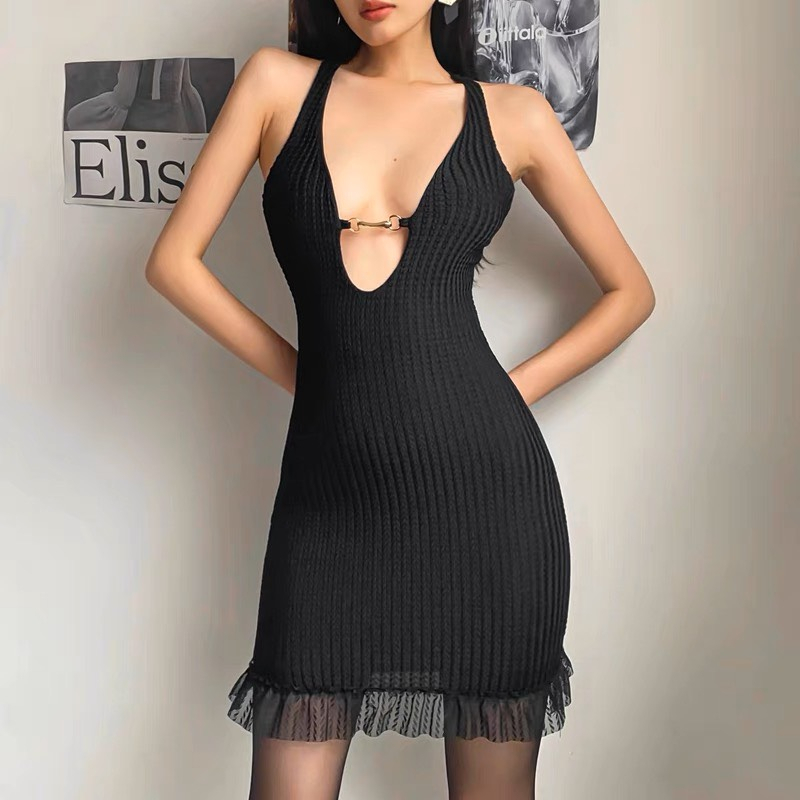 Đầm Body Thun Họa Tiết Nổi Phối Ren Dây Xích Phong Cách Ulzzang Sexy Quyến Rũ