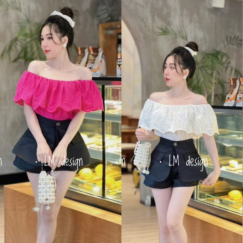 Áo trễ vai tay rời chất ren phối vải thô mềm siêu thoáng mát-áo sơmi hở vai đẹp