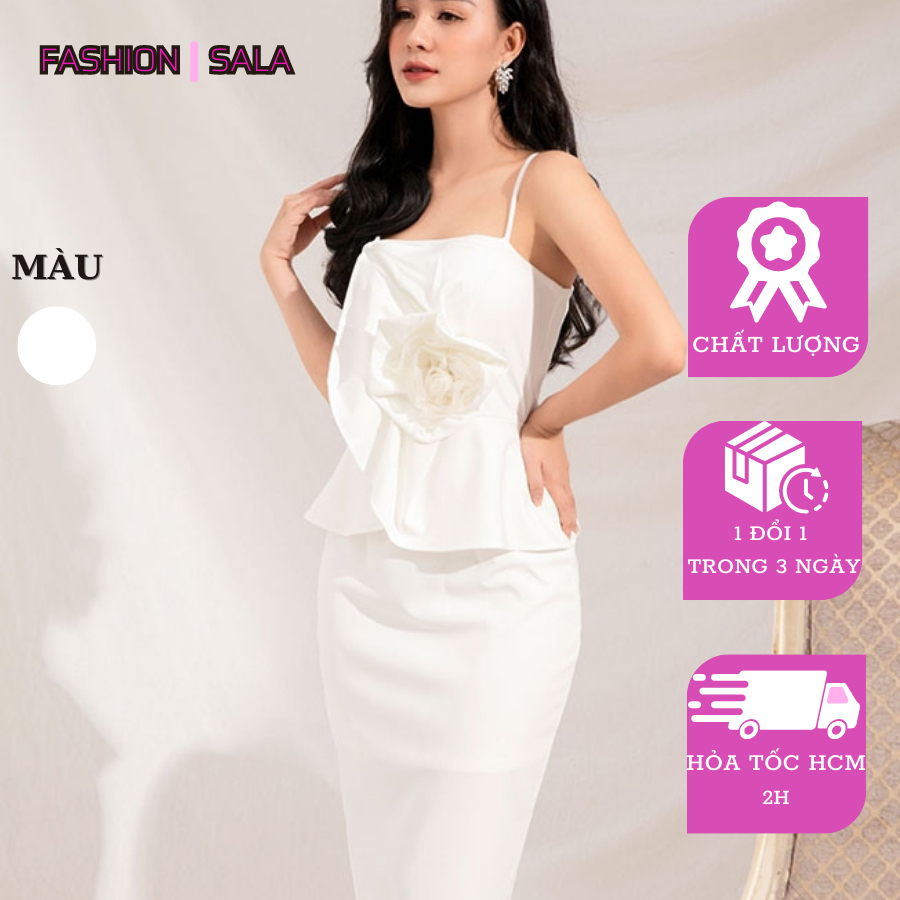 ĐẦM ÔM 2 DÂY LAI ÁO XÒE ĐÍNH HOA HỒNG LỚN TOÀN THÂN TRƯỚC - Thời trang Sala