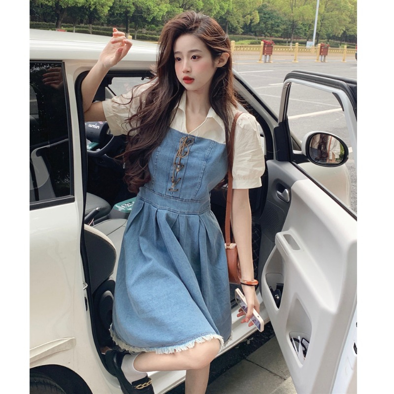 Đầm denim cổ sơ mi tay ngắn cao cấp, váy midi nữ chất jean denim tay ngắn phồng dáng A phiên bản Hàn Quốc 2179