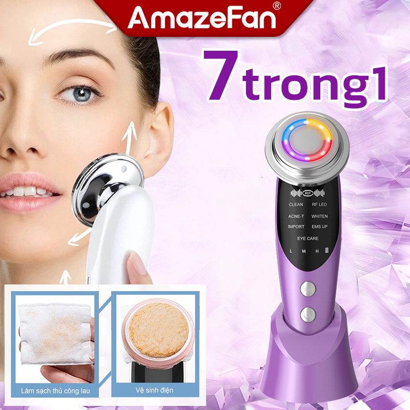 Amazefan Máy mát xa da mặt 7in1 có đèn LED máy massage mặt ion nếp nhăn cao cấp Trẻ hóa da,máy làm đẹp bằng tần số radio