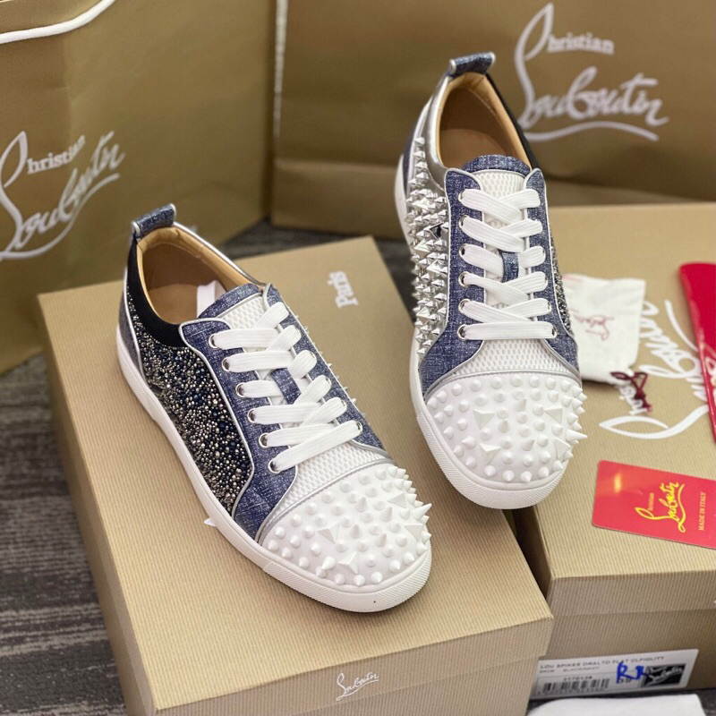 Hàng Cao Cấp!! Giày Louboutin Xanh Mũi Trắng Đế Đỏ Đính Đá Lấp Lánh - Sneakers LBT Loại 1 Full Box Đầy Đủ Phụ Kiện