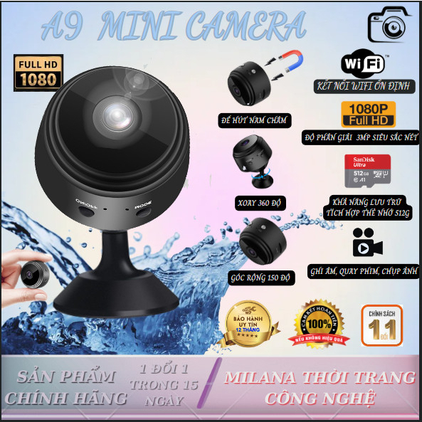 Camera IP WIFI Mini A9 Giám Sát Chống Trộm Không Dây Full HD 1080P Siêu Nhỏ, Kết Nối Điện Thoại, Góc Rộng 150 Độ