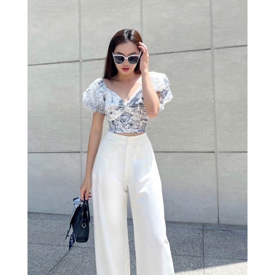 Áo croptop tơ hoa xanh - Blue Floral Top - Orli Label